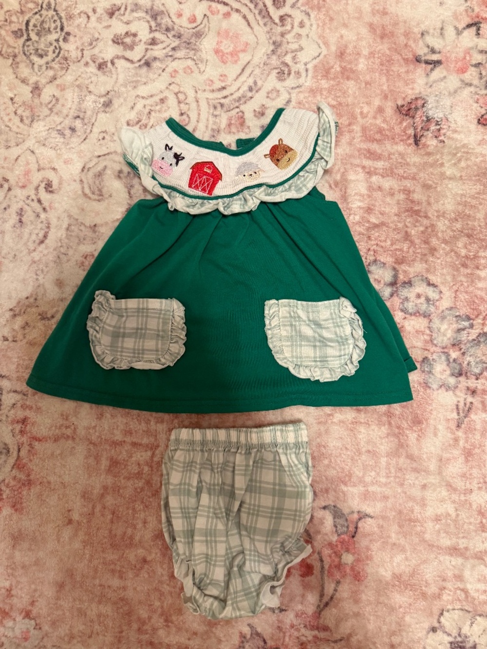 Abby & Evie Smocked Farm Dress & Bloomers Set – 18 Months